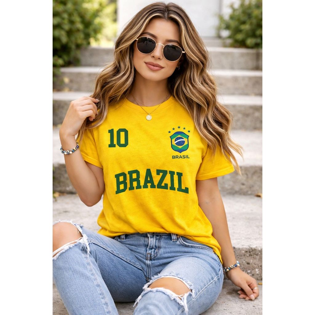 Blusa Brasil Camiseta Seleção da Copa Feminina T-shirt Copa do Mundo Verão 100% Algodão