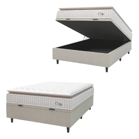 Cama Box Baú Colchão Casal Molas Ensacadas City Pillow Top 138x188x64cm Branco E Bege Hellen Branco/bg