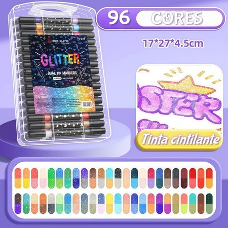 Caneta Marcadora Glitter Dupla Ponta 2/24/96 Cores | Arte, Escola, Planner, Desenho