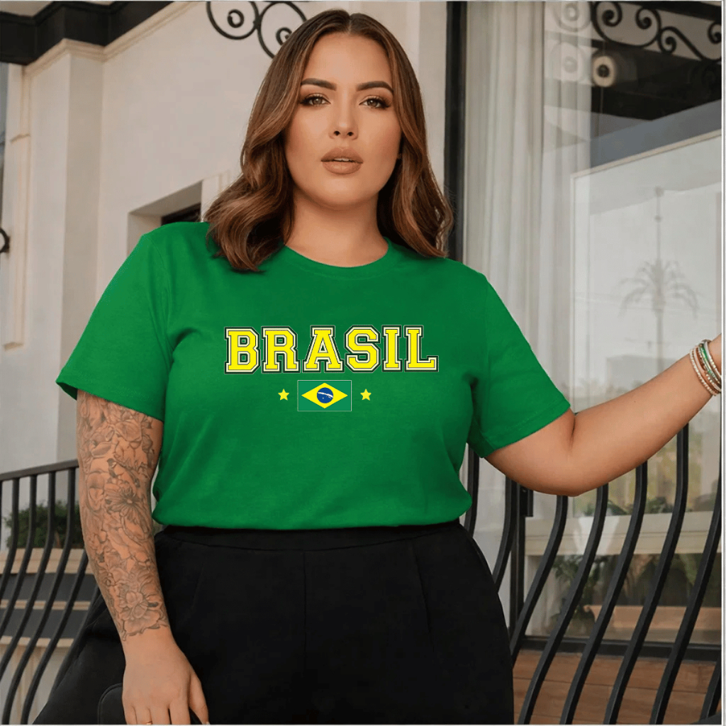 Camiseta Feminina Plus Sise Estampada Brasil Academia Treino 100% Algodão Premium