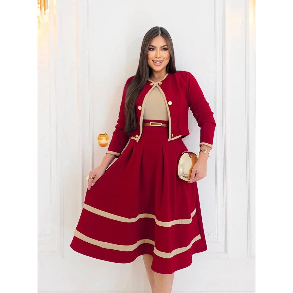 Conjunto Feminino Bicolor 3 Peças Elegante Blazer Curto + Regata Nude + Saia Midi Moda Evangélica
