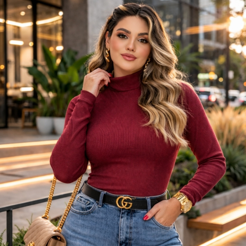 Blusa de Frio Feminina Plus Size Manga Longa Gola Alta Cacharrel Inverno Elegante