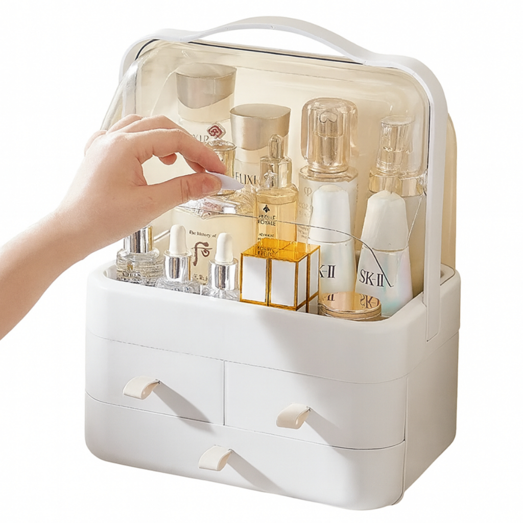 Organizador de Maquiagem com Tampa e Gavetas Porta Cosméticos Luxo, Acrílico Transparente Moderno - Guarda Itens Beleza