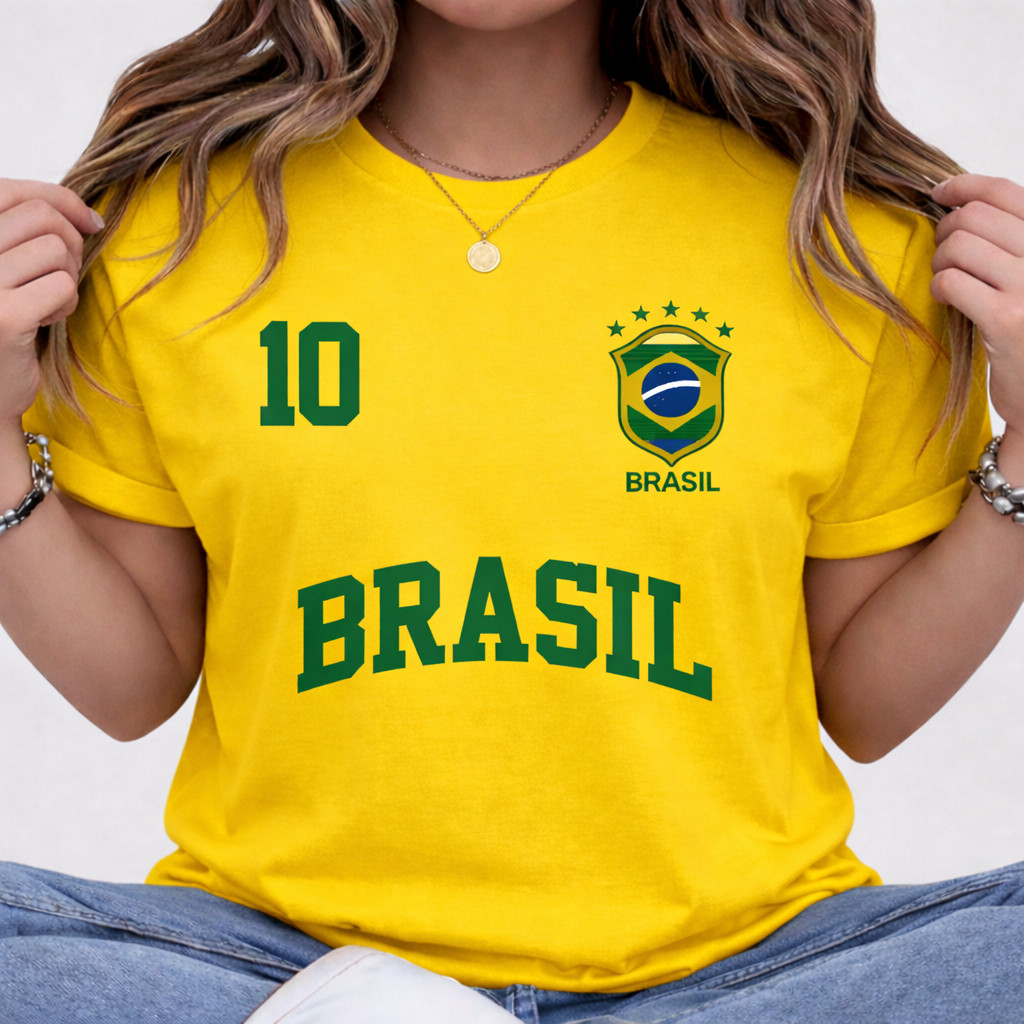 Camiseta Camisa Feminina Blusa 100% Algodão Streetwear Brasil Copa Bandeira Futebol Tendência Oferta
