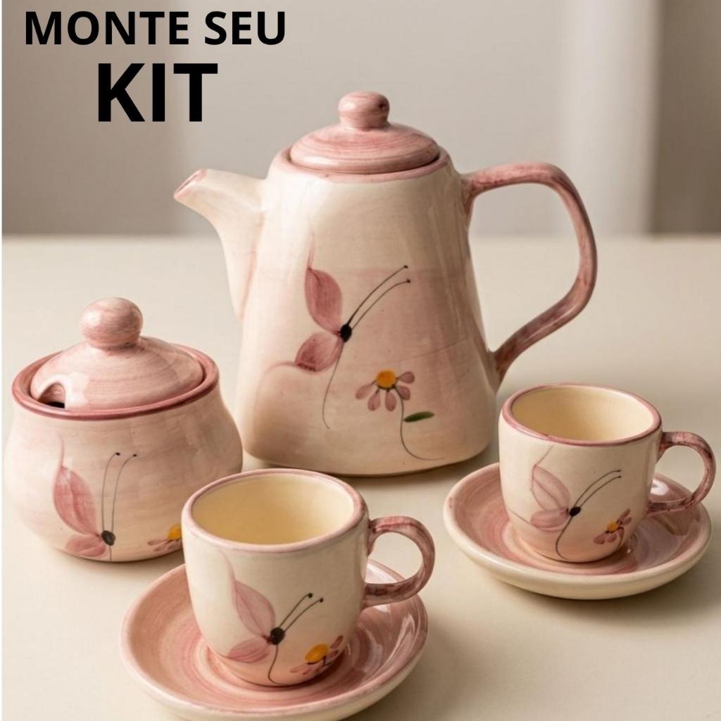 Jogo de Xícara Café Completo Cerâmica Rosa Floral  Bule  Açucareiro Xícaras com Pires Jogo Elegante