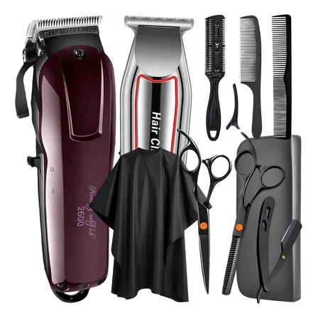 Maquina De Corta Cabelo E Acabamento Kit Tesouras Profissionais Barbeiro Com Acessórios Jl Eletro Bordô 127/220v