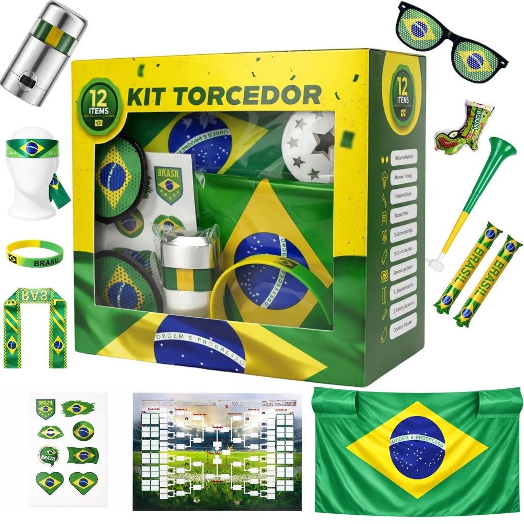Combo Torcedor Bandeira Copa 2026 Adesivo Trompete Pintura Facial Bandeira Brasil Adesivo Vuvuzela KIT TORCEDOR