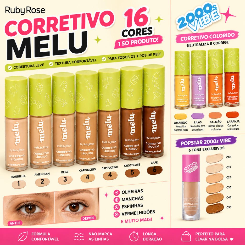 CORRETIVO LÍQUIDO MELU BY RUBY ROSE COBERTURA LEVE  HB-8104 5ML