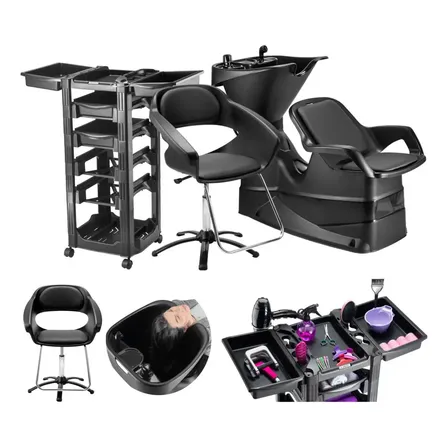 Kit Lavatorio Cabelo Champ Dompel Cadeira+carrinho Cor Preto Forma Da Base Redonda Tipo De Encosto Fixo