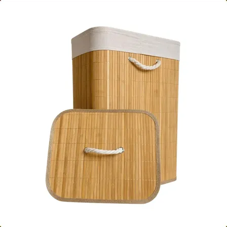 Cesto De Roupa Bambu Retangular De 72l Com Tampa E Forro De Linho Natural