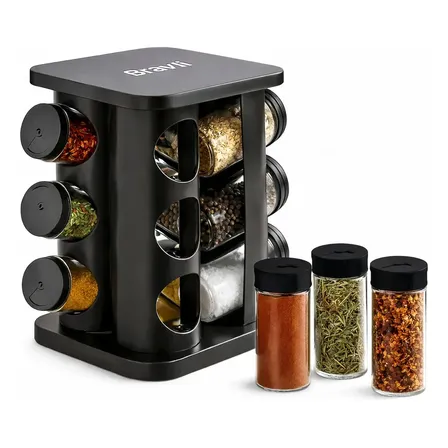 Porta Temperos Condimentos Giratório Kit 12 Potes De Vidro Com Tampa Dosadora 3 Regulagens Preto Quadrado Bravli