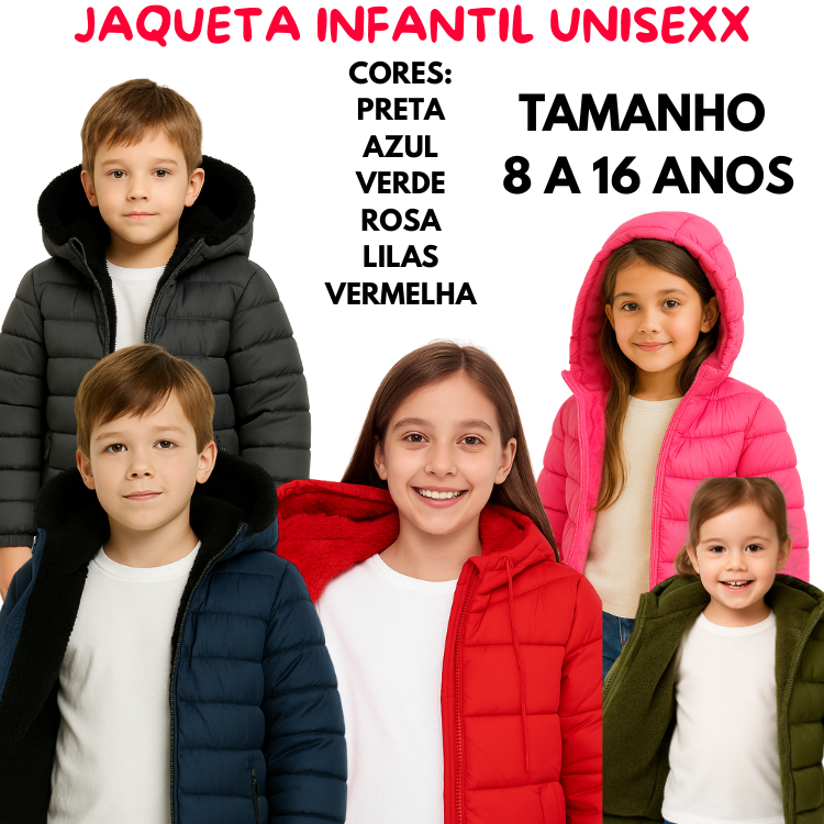 Jaqueta Infantil Juvenil Puffer Forrada Pelúcia COM Capuz BLUSA DE Frio 4 a 18 ANOS UNISEXX VERMELHA PRETA VERDE AZUL