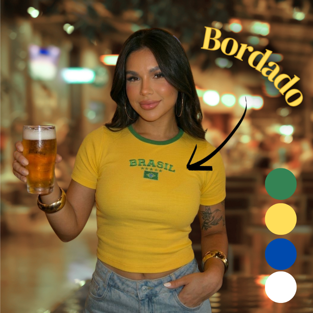 Cropped Brasil Blusa Feminina Copa Futebol Seleção Brasileira Malha Ribana Bordado
