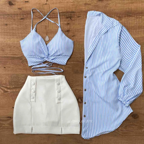 Conjunto Feminino Listrado Camisa Alongada + Cropped Amarração Verão Elegante Moda 2026