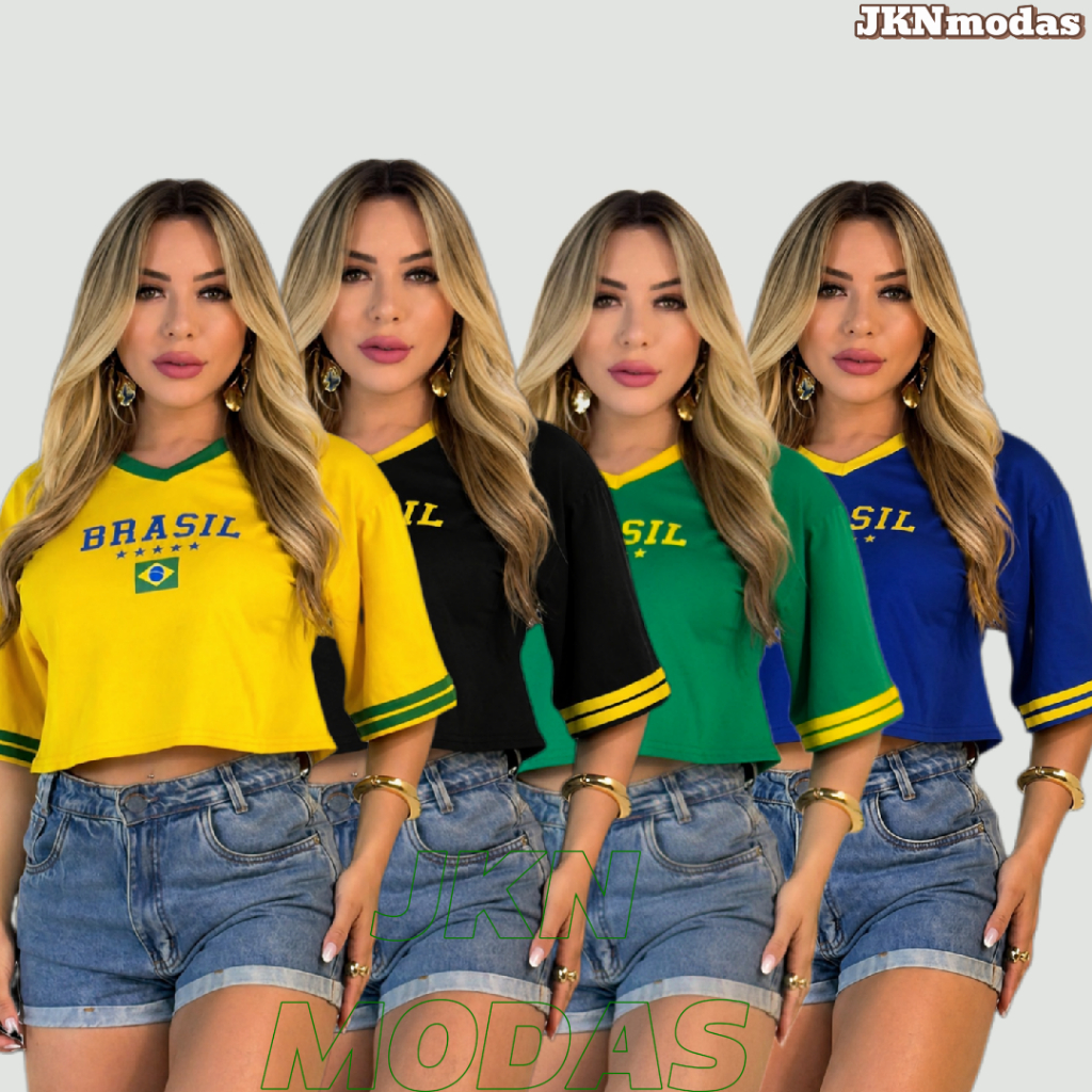 CROPPED Oversized Feminino BRASIL 100% Algodão Premium - Gola V Copa do Mundo 2026  Moda Gringa