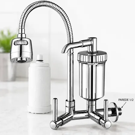 Torneira Com Filtro Com Purificador Agua Bica Flexível Gourmet Para Cozinha Parede Luxo Chuveirinho 2 Modos De Jatos A Mais Vendida Prateado