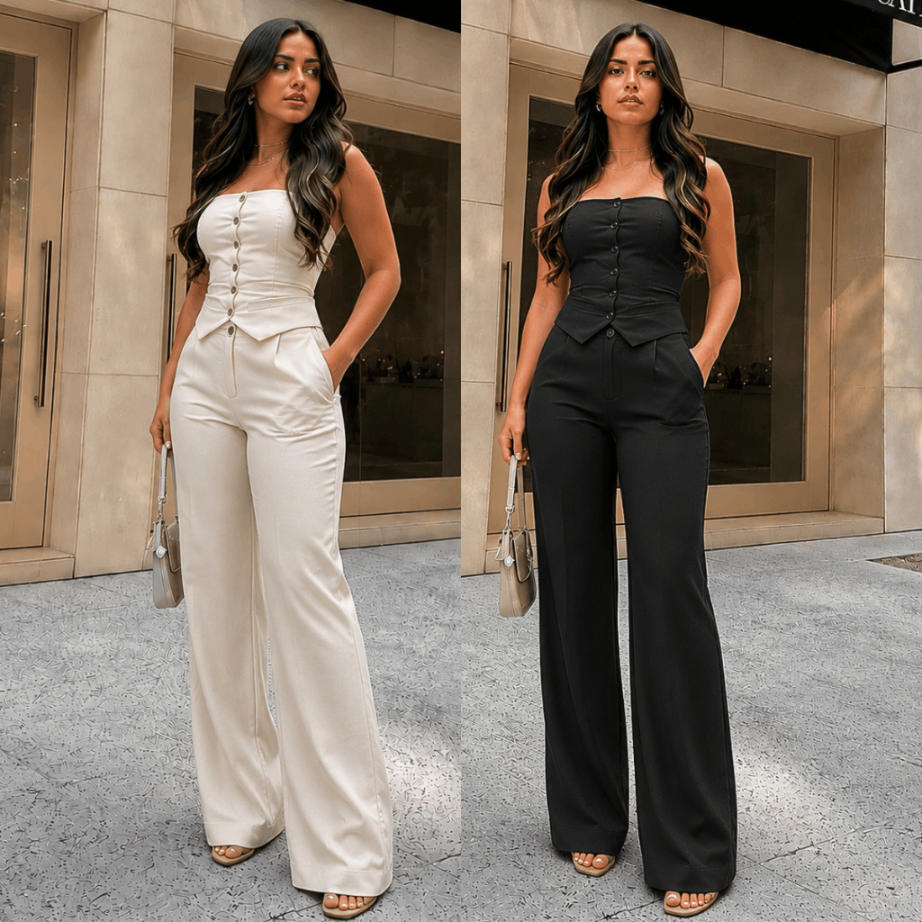 Conjunto Alfaiataria Cropped Tomara que Caia Social Elegante Calça Pantalona Blusa Elástico Lastex Botão Verão Moda