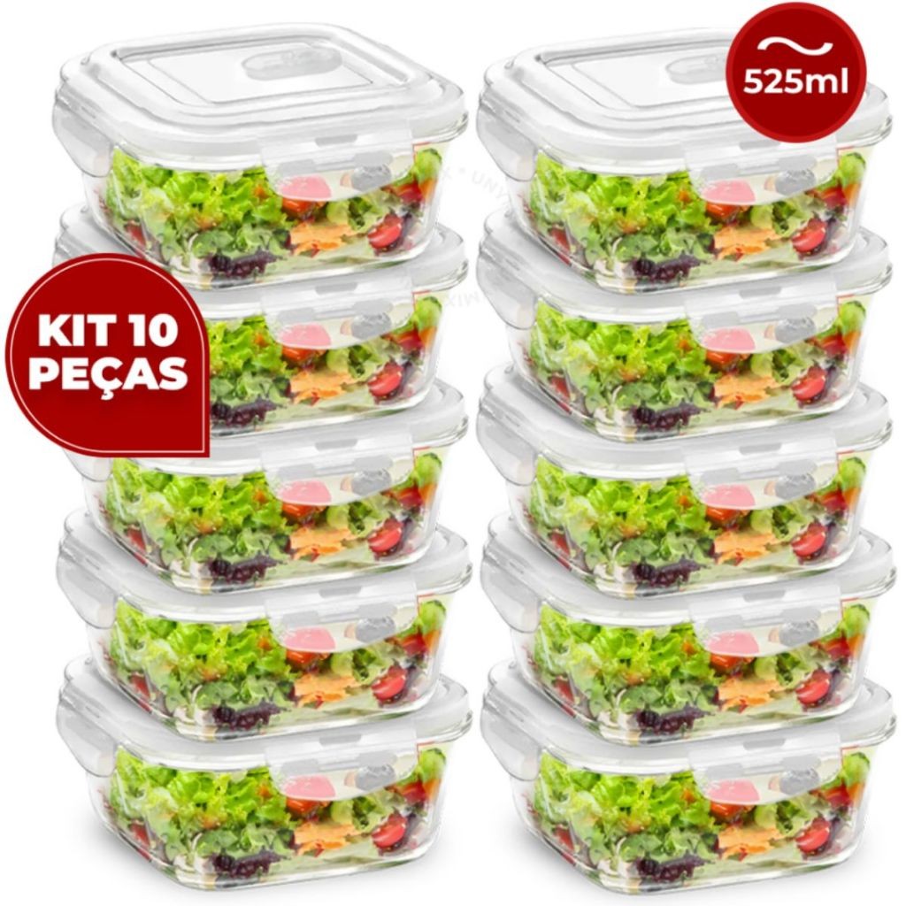 Kit com 3/5/10 Potes de Vidro Hermético 525ml Marmita Fit com Válvula de Ar Tampa 4 Travas Freezer
