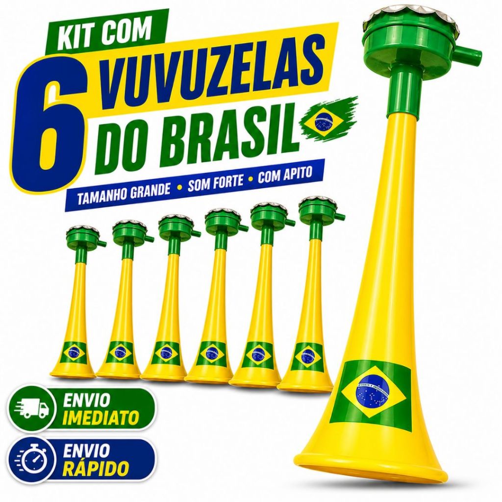 Kit 6 Cornetas Vuvuzela do Brasil 20cm Grande com Apito | Festa, Torcida, Jogos Decoração Copa do Mundo Brasil