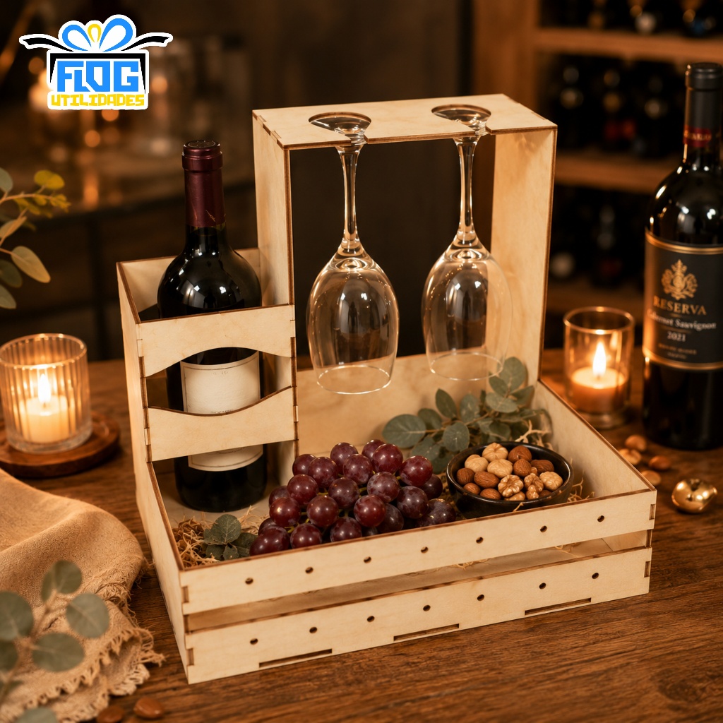 Kit Bandejas para VINHO e TAÇA suporte -  Caixa Cesta de Presente Lembranças- MDF Multiuso Dia Dos Namorados