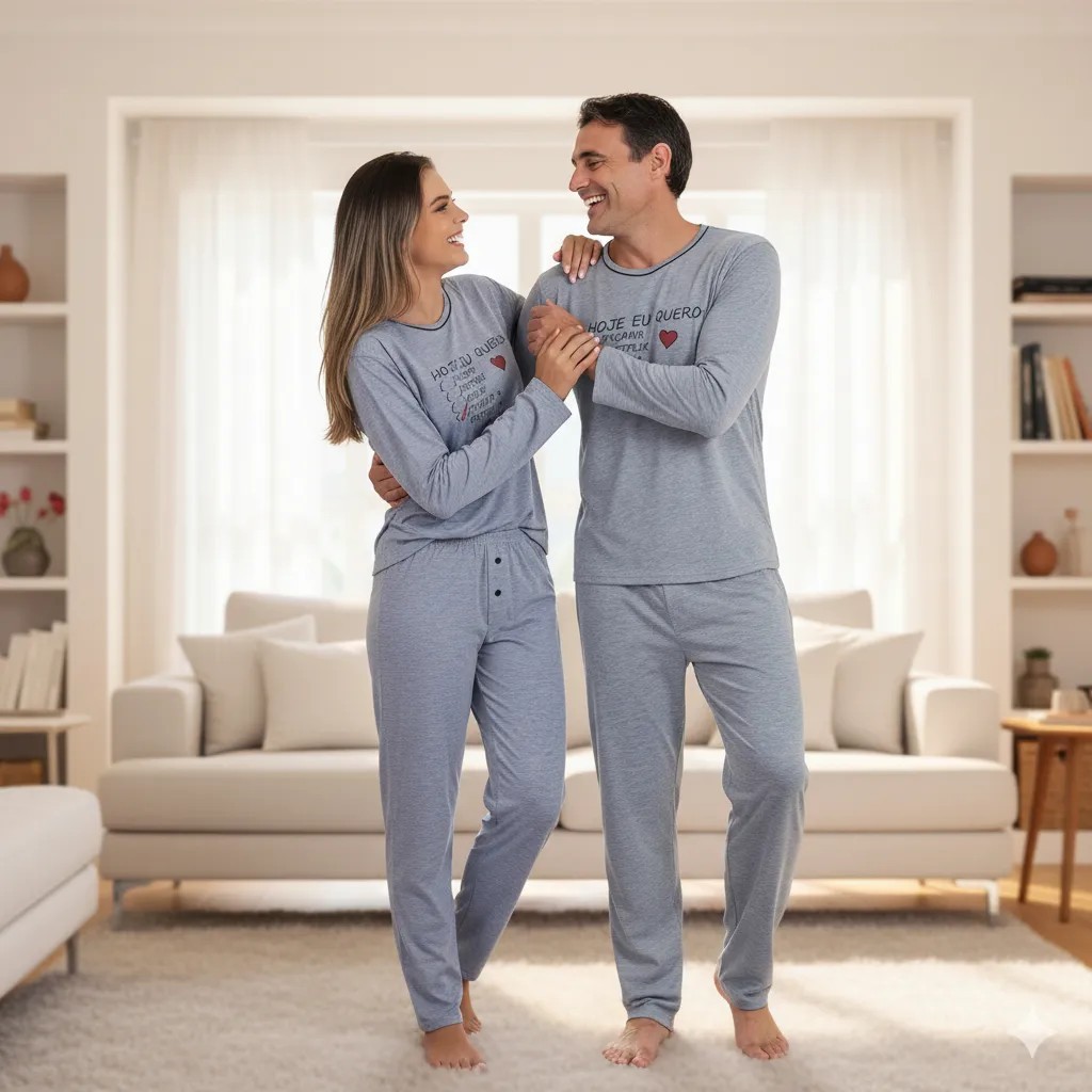 Kit Pijama Casal Feminino e Masculino Longo Namorados Crush Inverno