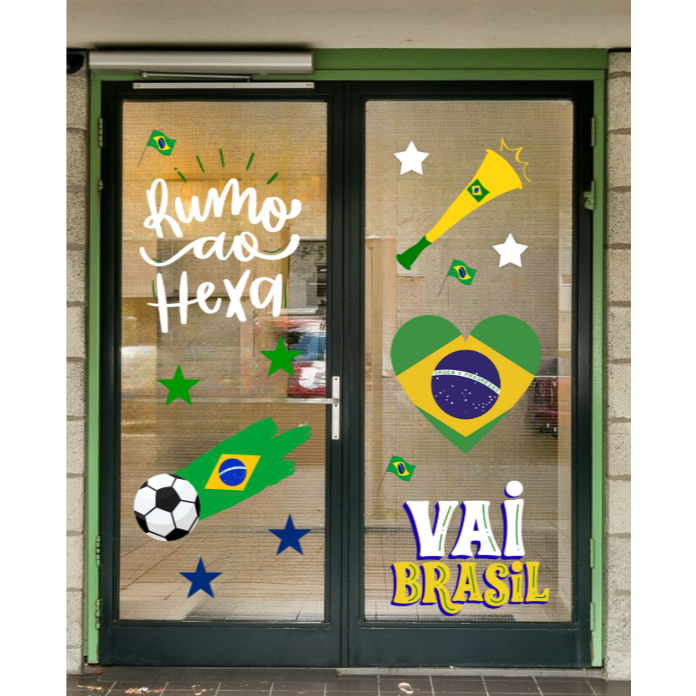 Adesivo Copa do Mundo Brasil Hexa Decoração Vitrine Loja Porta Janela e Parede 10 a 60cm