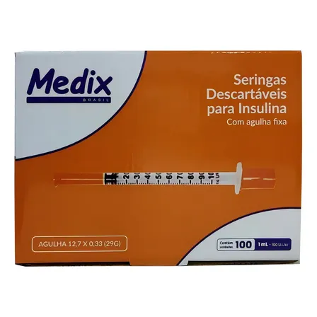 Seringa Descartável Insulina 1ml Com Agulha 29g Caixa 100 Medix 1 Ml