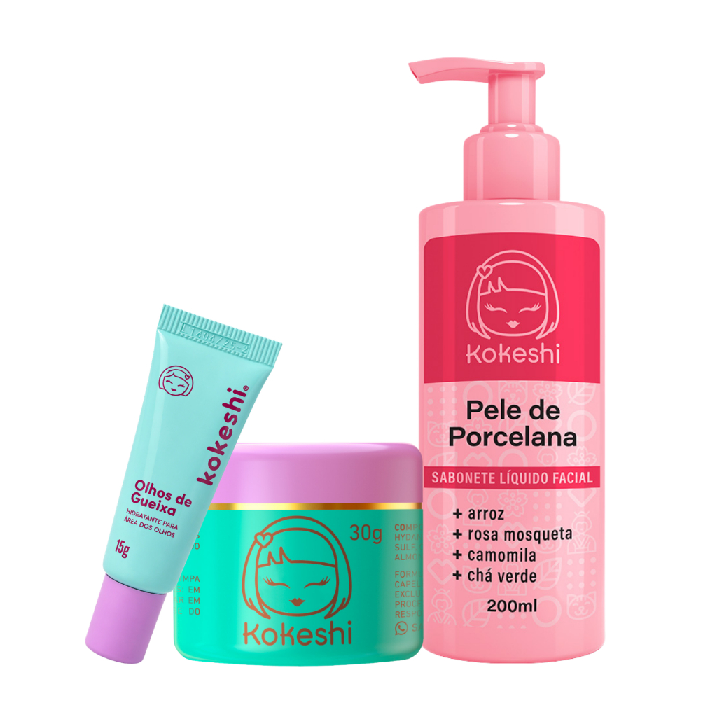 Kit Limpeza e Hidratação Facial Pele de Porcelana Kokeshi Sabonete Olhos de Gueixa