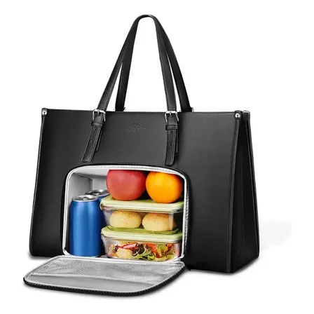 Bolsa Feminina Para Notebook Com Compartimento Térmico Para Almoço Bolsa Tote Executiva Pu Couro 15,6 Polegadas Mochila Conversível Leve Para Trabalho E Escritório, Matein 1447 Cor Preto Liso