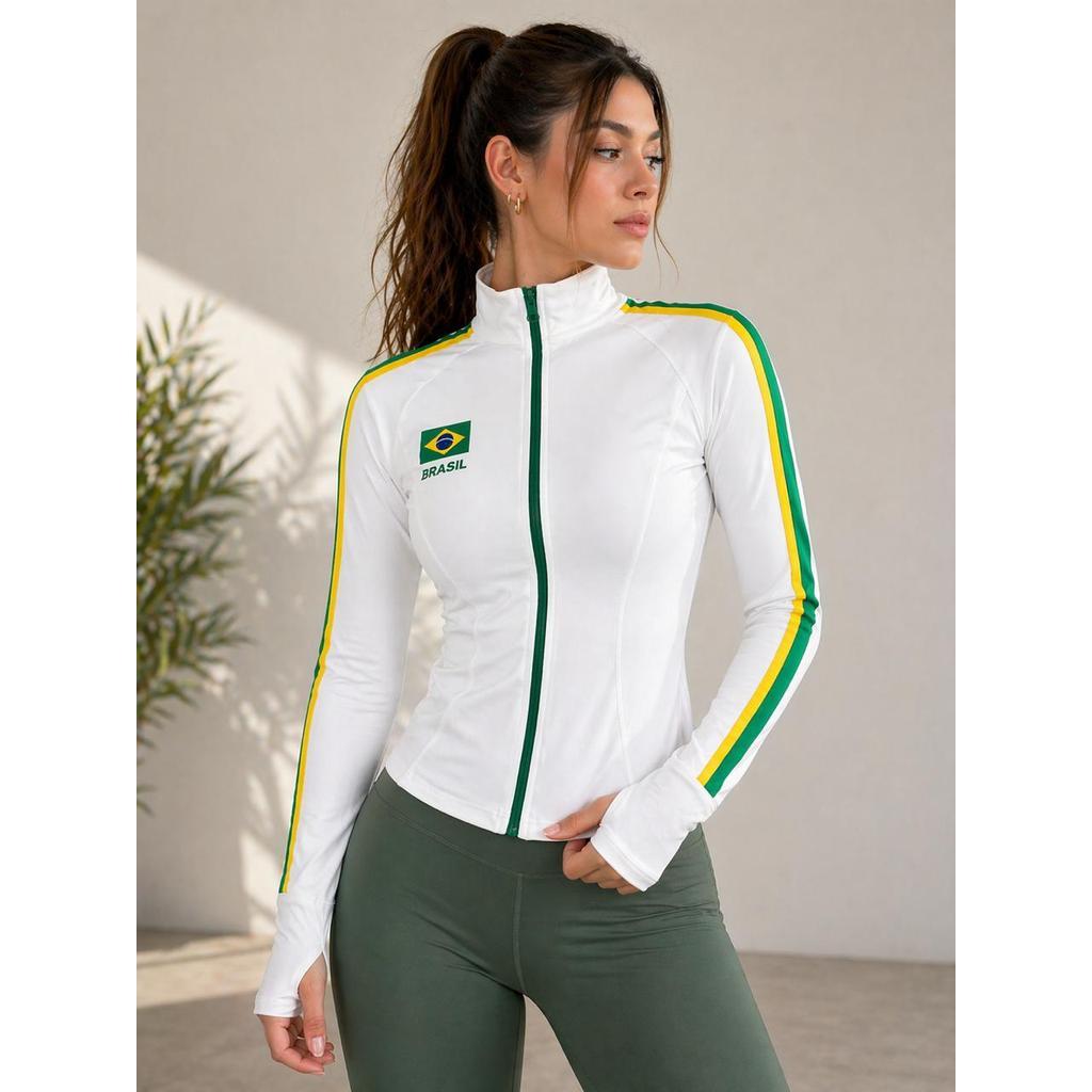 blusa manga longa com estampa do brasil para treinos academia moda fit casaco gola alta estiloso copa do mundo 2026