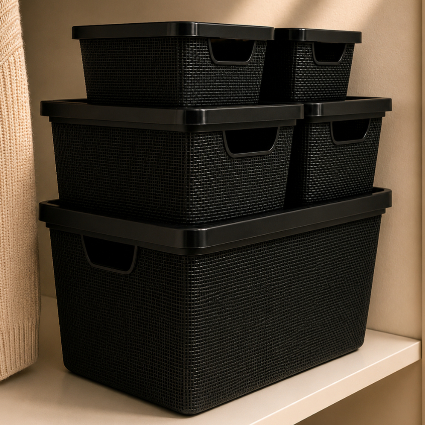 Kit Até 5 Caixas Organizadoras com Tampa Cesto Grande Plástico Resistente Multiuso Preto  2L 6L 16L