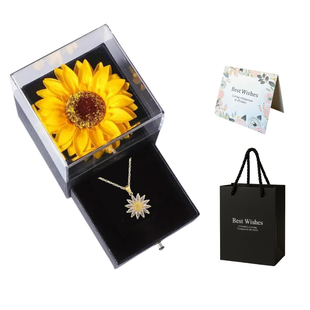 Colar Girassol Banhado A Ouro Cravejado Flor Eterna Caixa Em Couro Presente Namorada Mulher Mae Top