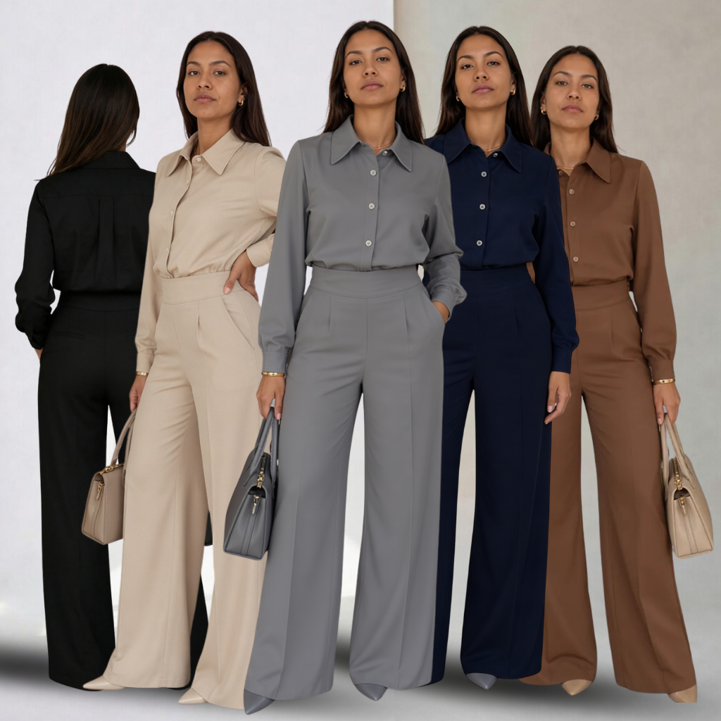 Conjunto Alfaiataria Feminino Inverno Pantalona Cintura Alta Camisa Manga Longa Elegante