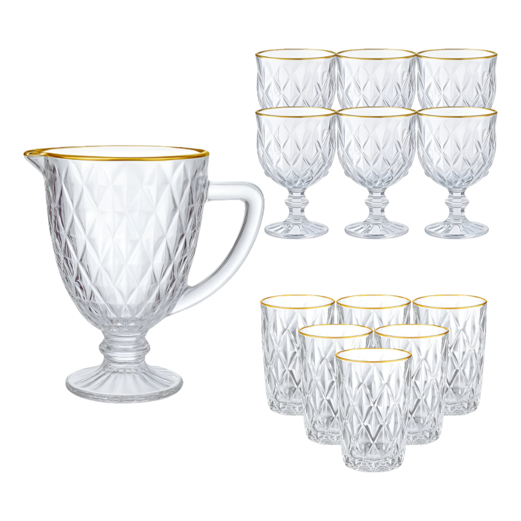 Coleção Diamond com Borda Dourada Jarra, Taças, Copos ou Kit Completo