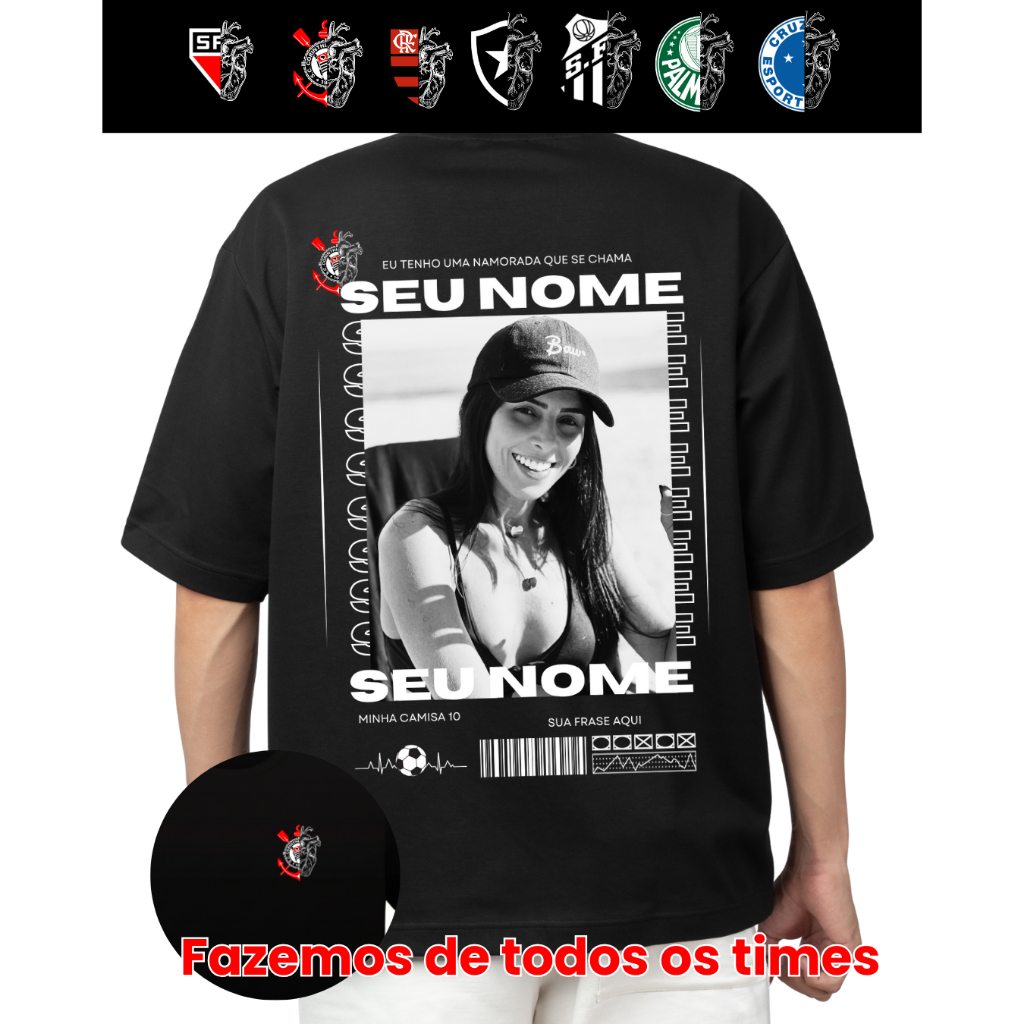 Camiseta Personalizada Foto Nome e Data Costas Logo do Time Algodão P G3 Plus Namorados Namorada Casal Casa ENVIE NO CHA