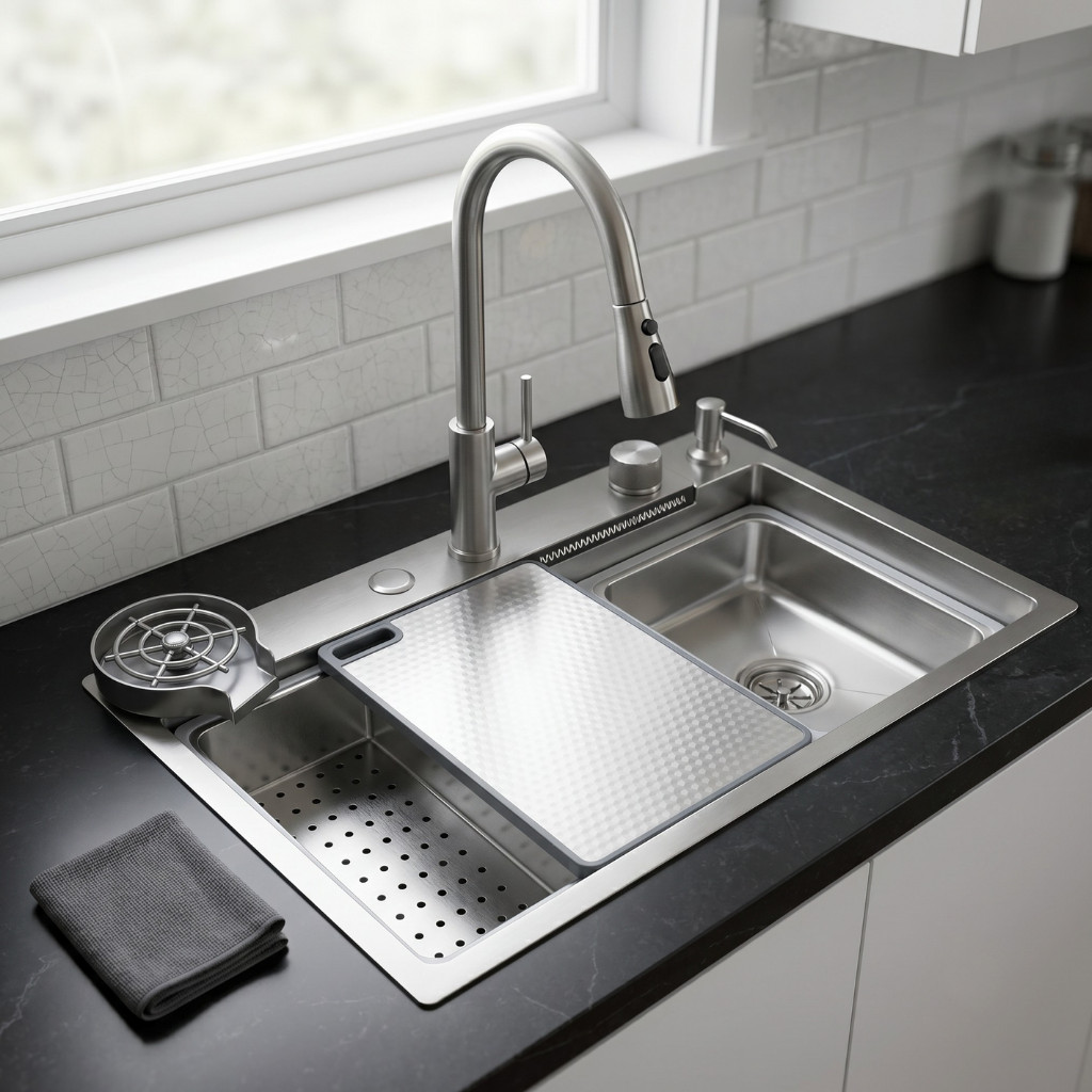 Cuba Premium 75x45 Pia de Cozinha Gourmet Inox 304 Com Torneira Cascata e Lavador de Copos