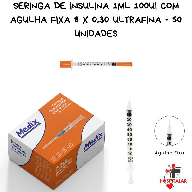 Seringa de Insulina 1ml 100UI com Agulha Fixa 8 x 0,30