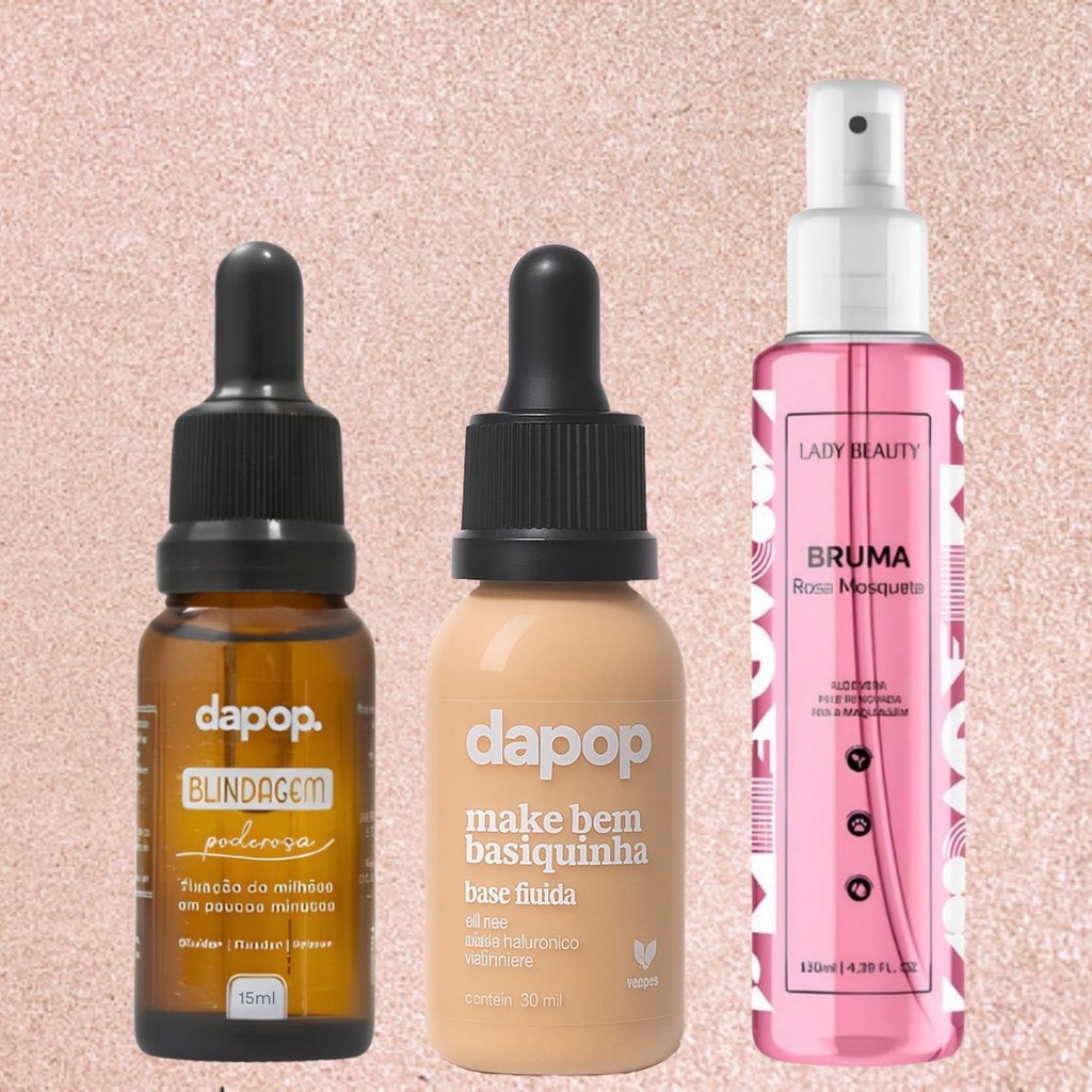 Kit Base Fluída Basiquinha Dapop + Blindagem Poderosa 15ml Dapop + Bruma Rosa Mosqueta Lady Beauty