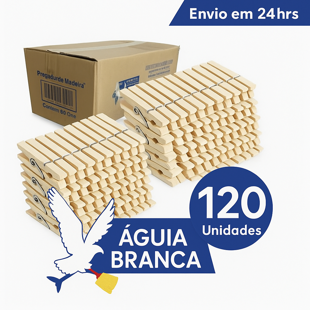 Pregadores de Madeira Águia Branca – Kit com Até 120 Unidades - Varal, Roupas, Toalhas Etc.