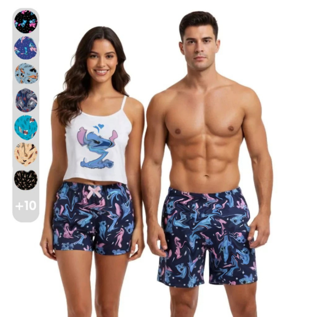 Kit Casal Pijama Namorados Modelo Cropped Virgínea e Samba Canção - Modelo Tradicional e Cropped