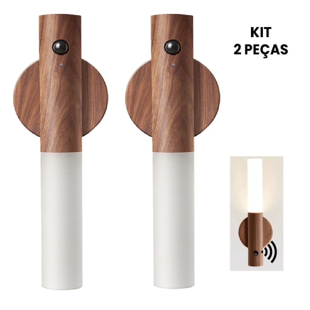 KIT 2 Luminaria Luz Led Recarregável Sensor de Movimento Arandela de Madeira Minimalista Para Mesa Parede