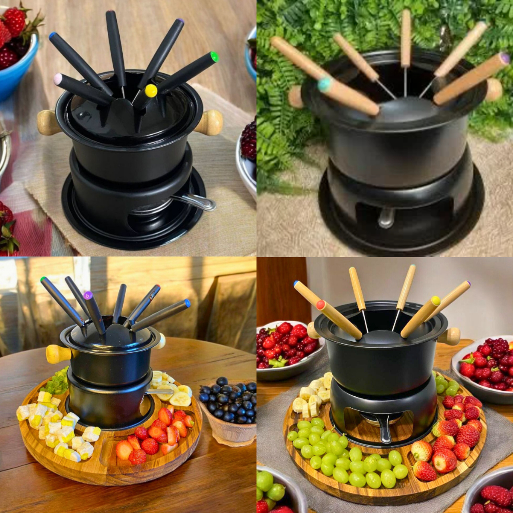 Conjunto Aparelho De Fondue Panela Carne Queijo Chocolate Serve 6 Pessoas Com Opção  Madeira Petisqueira