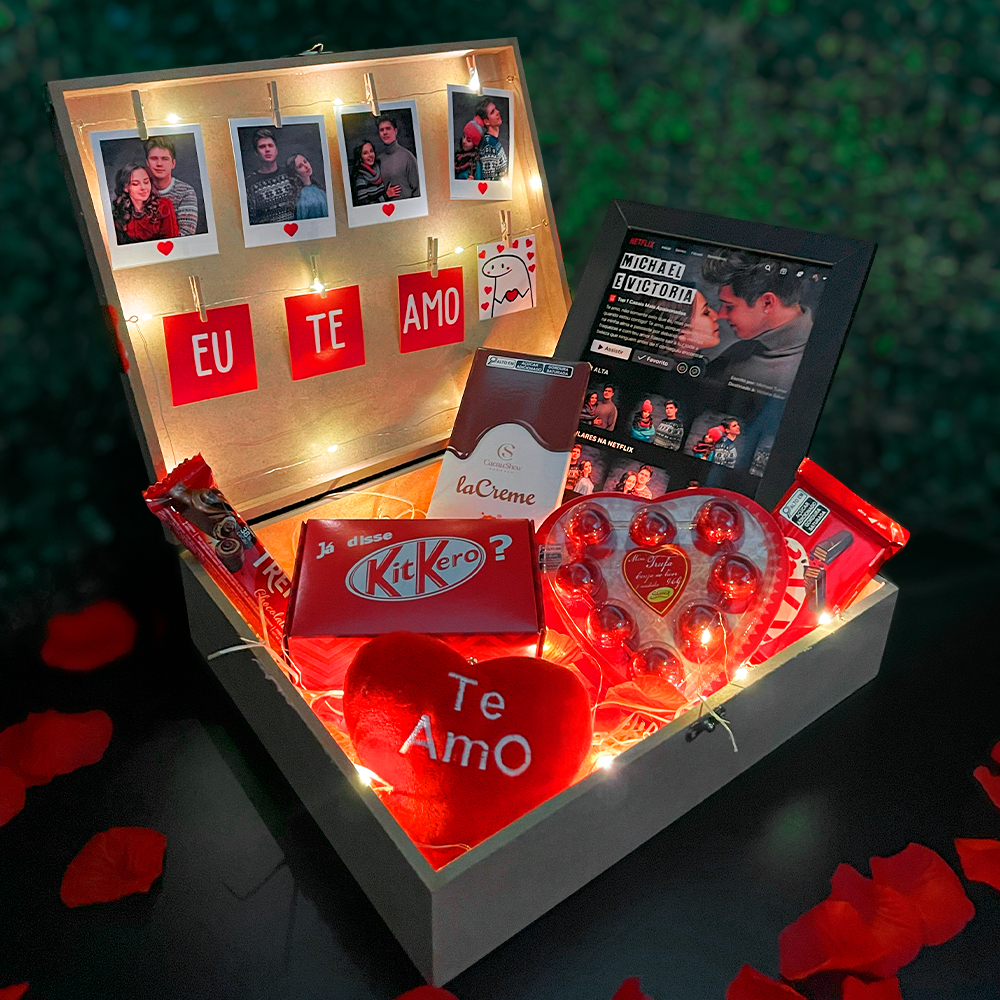 Cesta de presente na caixa led para namorados e casais com quadro netflix envio rapido