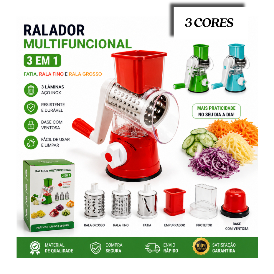 Ralador Multifuncional 3 em 1 Manual com Ventosa Fatiador e Triturador de Legumes Queijo e Verduras