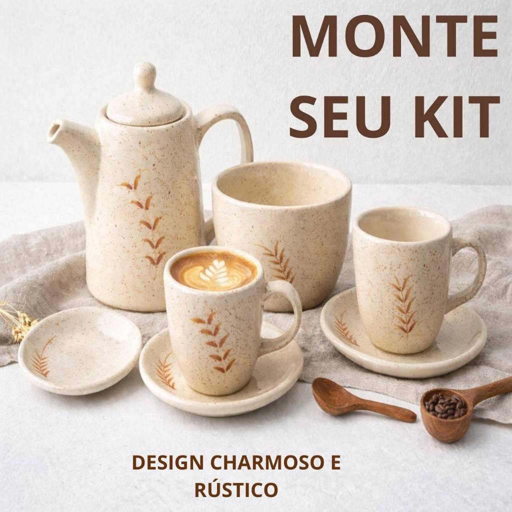 Monte Seu Kit Café Cerâmica Completo Bule Xícaras Pires Jogo de Chá Rústico Decorativo Elegante