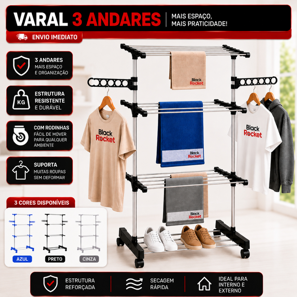Varal De Chão Roupa Calcinha Prateleiras 3 Andares Dobrável Portátil