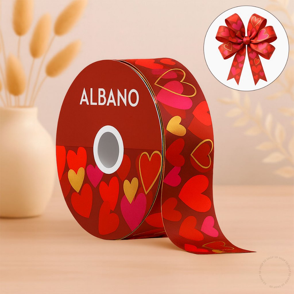 Fita Maxi Albano Com amor Vermelho Ouro 32mmx 100metros laço para Presente dia dos namorados amor