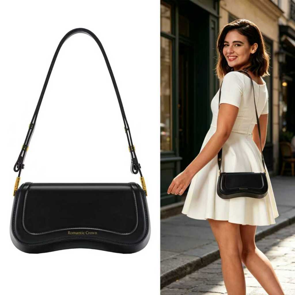 Bolsa de Ombro Feminina com Alça Ajustável, Bolsa Feminina Elegante com Couro Sintetico Preto, Presente