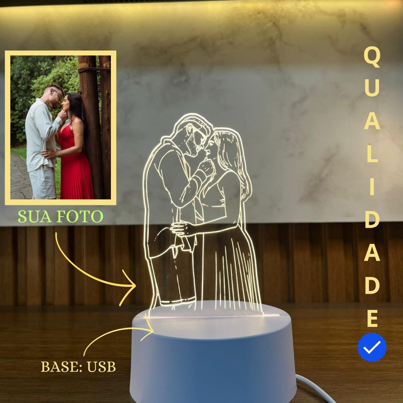 Luminária 3D Personalizada com Sua Foto – Presente Romântico LED Casal, Namorados, Aniversário e Datas Especiais