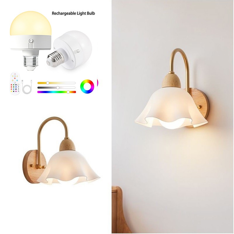 Arandela Bateria Recarregável Sem Fio Flor Lampu Hias Dinding Madeira RGB Luminária De Parede Interna Quarto Sala Hotel